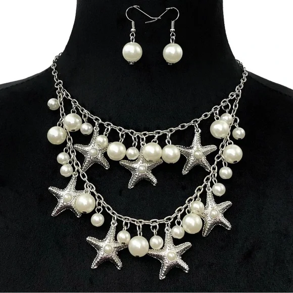 2 Row Layered Starfish Pearl Necklace Earrings Set - Picture 1 of 3